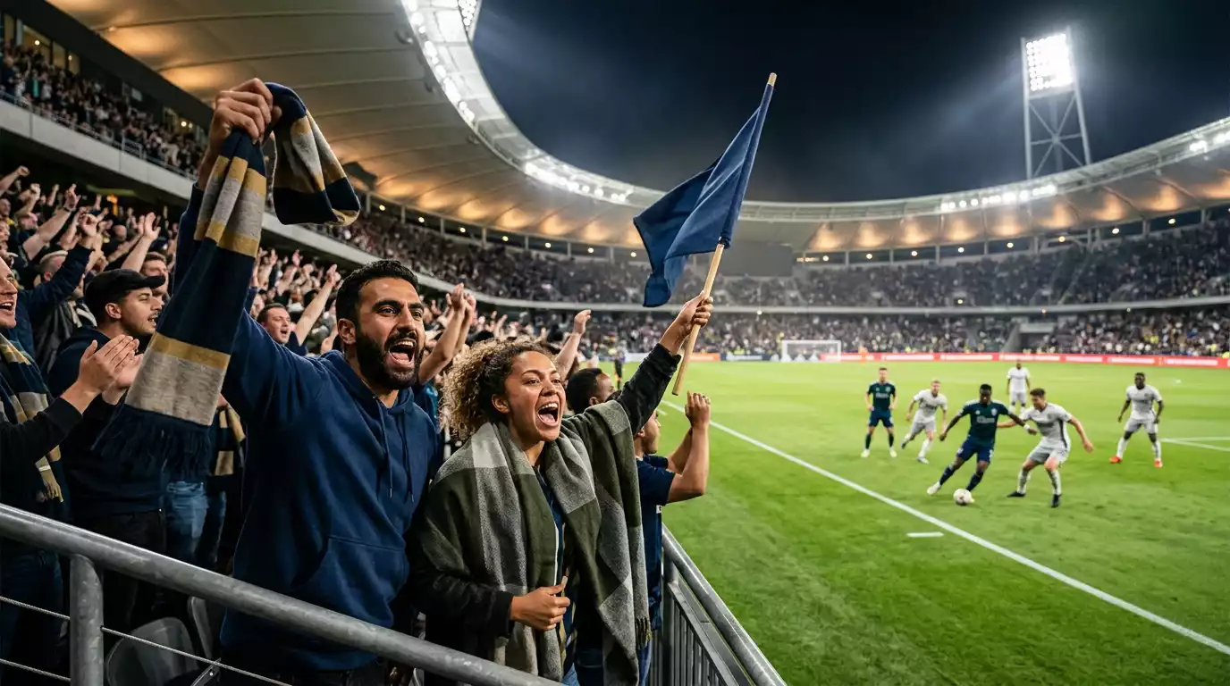 Aficionados animando en un estadio de fútbol de la MLS durante un partido de temporada regular